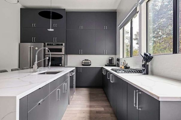 Interior, Kitchen, Pendant Lights, Stainless Steel Appliances, Wood Texture Flooring