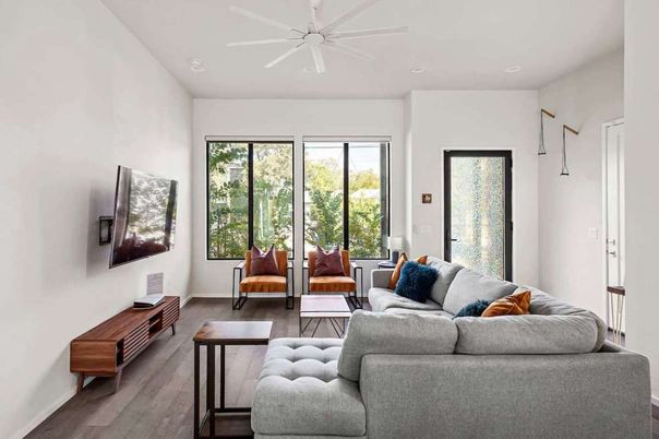 Interior, Living room, Recessed Lighting, Wood Texture Flooring