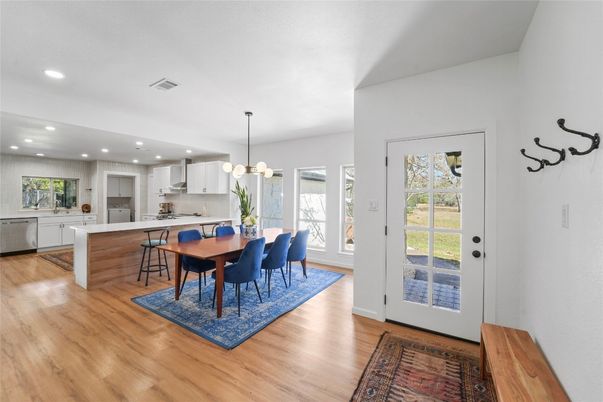 Dining room, Interior, Kitchen, Pendant Lights, Recessed Lighting, Wood Texture Flooring