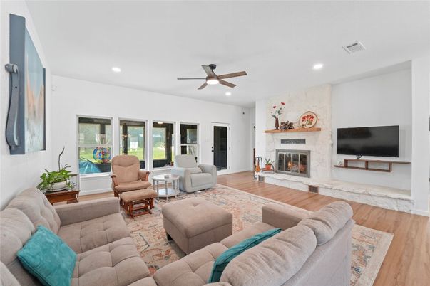 Fireplace, Interior, Living room, Recessed Lighting, Wood Texture Flooring