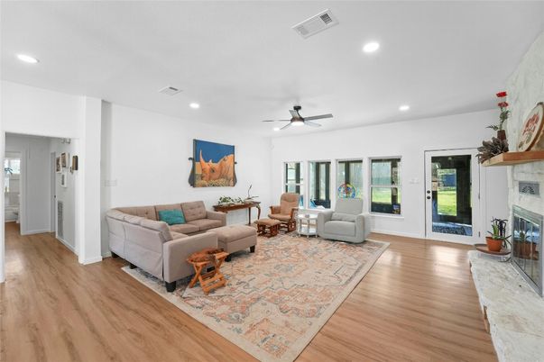 Fireplace, Interior, Living room, Recessed Lighting, Wood Texture Flooring