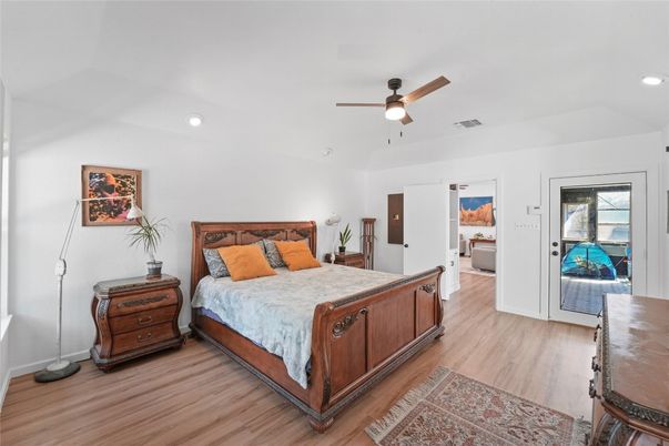 Bedroom, Interior, Recessed Lighting, Wood Texture Flooring