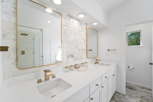 Bathroom, Dual Sink Vanities, Glass Shower, Interior, Recessed Lighting