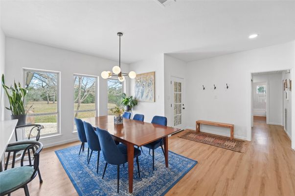 Dining room, Interior, Pendant Lights, Recessed Lighting, Wood Texture Flooring