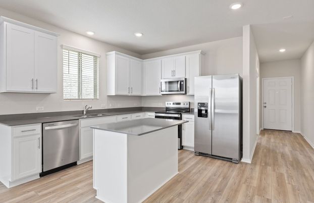 Interior, Kitchen, Recessed Lighting, Stainless Steel Appliances, Wood Texture Flooring