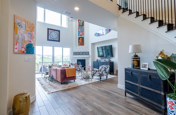 Fireplace, Interior, Living room, Recessed Lighting, Wood Texture Flooring
