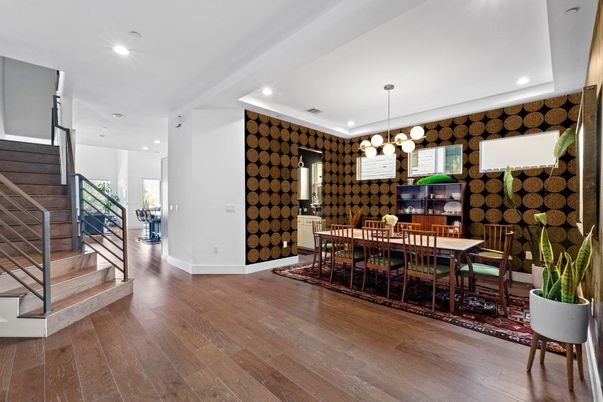 Dining room, Interior, Pendant Lights, Recessed Lighting, Wood Texture Flooring