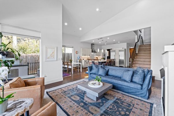 Dining room, Interior, Kitchen, Living room, Recessed Lighting, Stainless Steel Appliances, Wood Texture Flooring