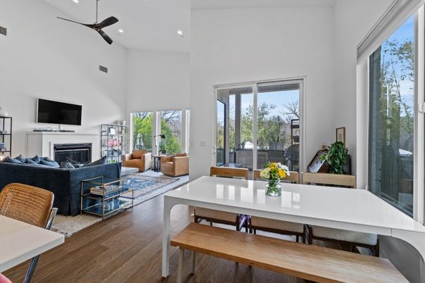 Dining room, Fireplace, Interior, Living room, Recessed Lighting, Wood Texture Flooring