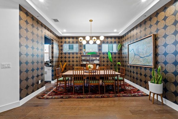 Dining room, Interior, Pendant Lights, Recessed Lighting, Wood Texture Flooring