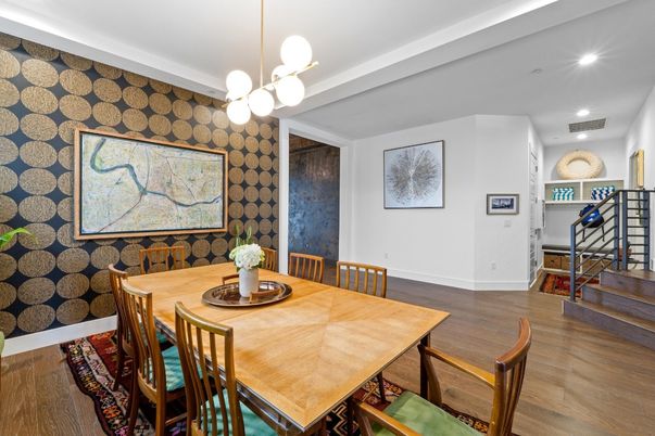 Dining room, Interior, Pendant Lights, Recessed Lighting, Wood Texture Flooring