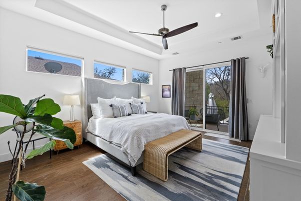 Bedroom, Interior, Recessed Lighting, Wood Texture Flooring
