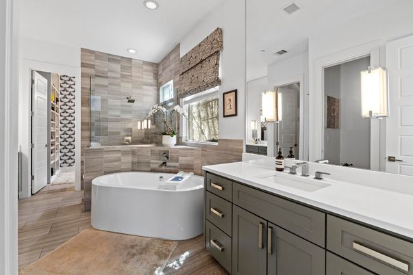 Bathroom, Dual Sink Vanities, Free Standing Baths, Glass Shower, Interior, Recessed Lighting, Wood Texture Flooring
