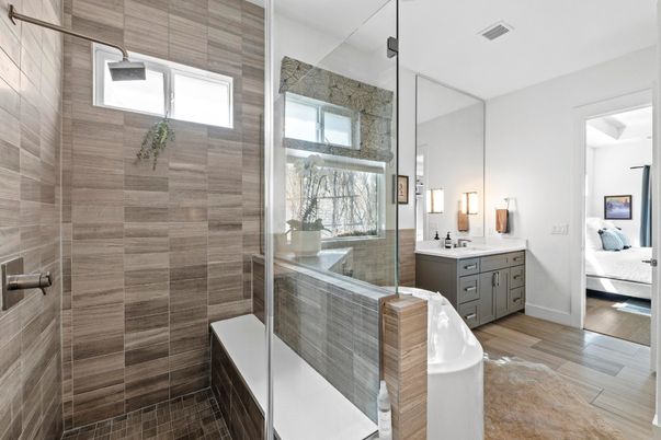 Bathroom, Bedroom, Free Standing Baths, Glass Shower, Interior, Wood Texture Flooring