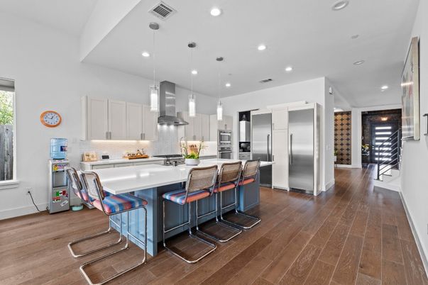 Interior, Kitchen, Pendant Lights, Recessed Lighting, Stainless Steel Appliances, Wood Texture Flooring