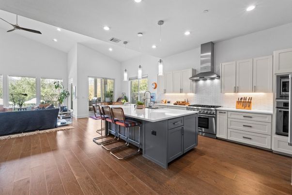 Interior, Kitchen, Living room, Pendant Lights, Recessed Lighting, Stainless Steel Appliances, Wood Texture Flooring