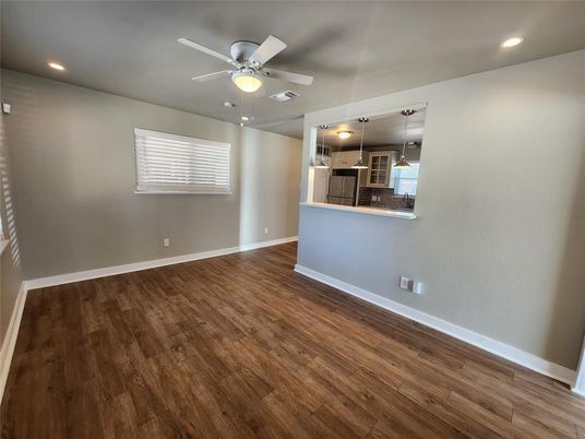 Empty room, Interior, Kitchen, Recessed Lighting, Wood Texture Flooring