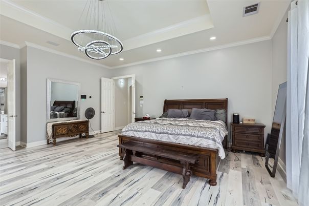 Bedroom, Interior, Pendant Lights, Recessed Lighting, Wood Texture Flooring