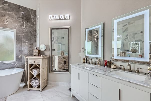 Bathroom, Dual Sink Vanities, Free Standing Baths, Interior, Marble, Marble Walls