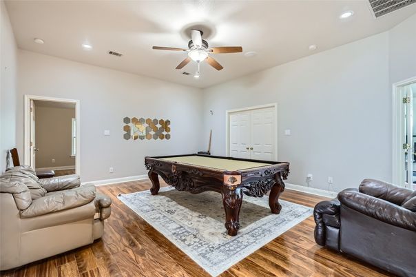 Billiard Table, Game Room, Interior, Recessed Lighting, Wood Texture Flooring