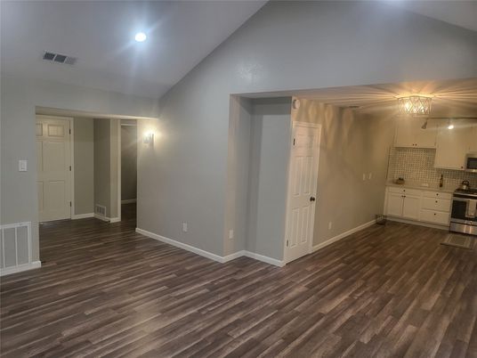 Empty room, Interior, Kitchen, Recessed Lighting, Wood Texture Flooring