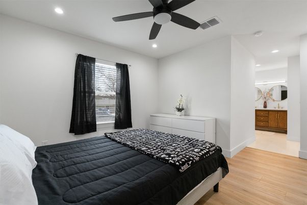 Bedroom, Interior, Recessed Lighting, Wood Texture Flooring