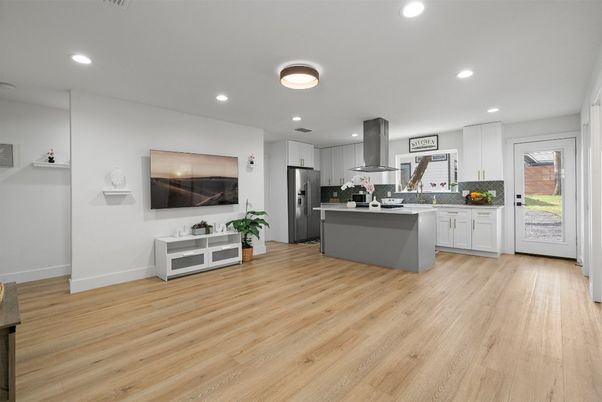 Interior, Kitchen, Recessed Lighting, Stainless Steel Appliances, Wood Texture Flooring
