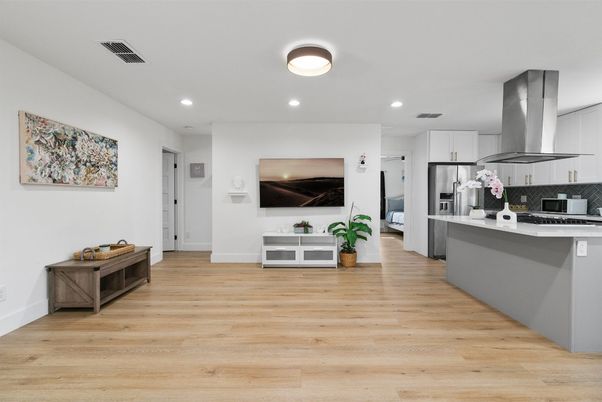 Interior, Kitchen, Recessed Lighting, Stainless Steel Appliances, Wood Texture Flooring