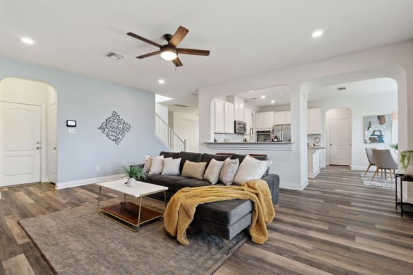Interior, Kitchen, Living room, Recessed Lighting, Stainless Steel Appliances, Wood Texture Flooring