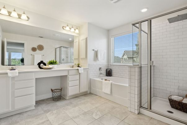 Bathroom, Dual Sink Vanities, Glass Shower, Interior, Recessed Lighting