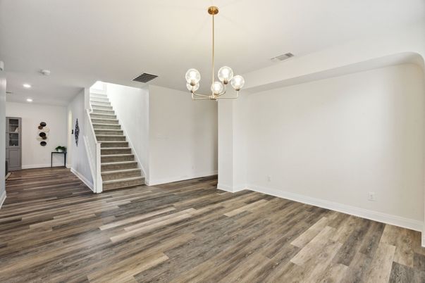 Empty room, Interior, Pendant Lights, Recessed Lighting, Wood Texture Flooring