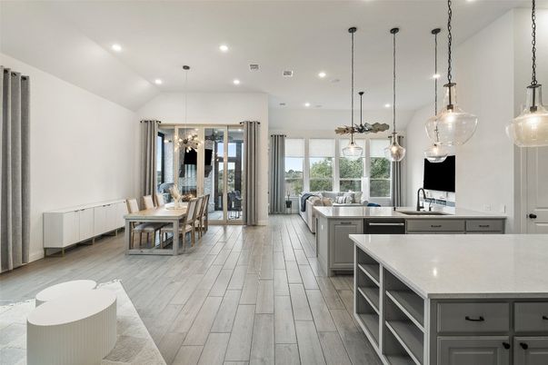 Dining room, Interior, Kitchen, Pendant Lights, Recessed Lighting, Wood Texture Flooring