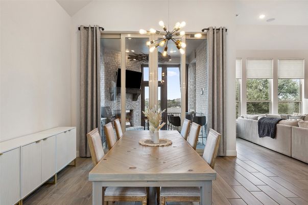 Dining room, Interior, Living room, Pendant Lights, Recessed Lighting, Wood Texture Flooring