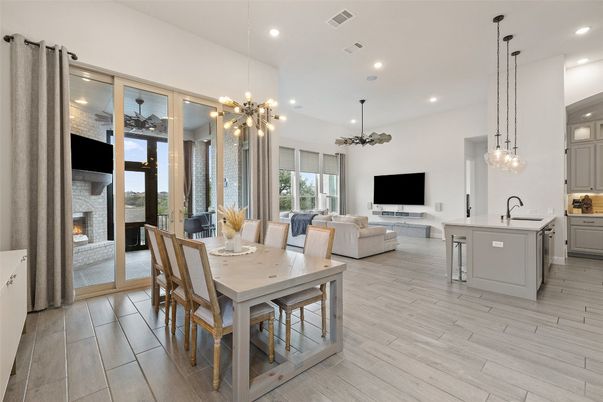 Dining room, Fireplace, Interior, Kitchen, Living room, Pendant Lights, Recessed Lighting, Wood Texture Flooring