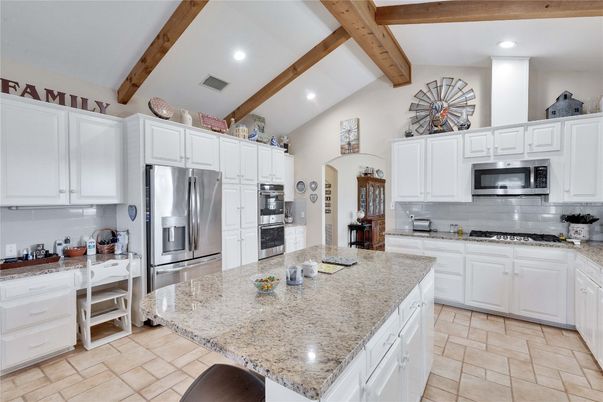 Interior, Kitchen, Recessed Lighting, Stainless Steel Appliances, Wooden Beams
