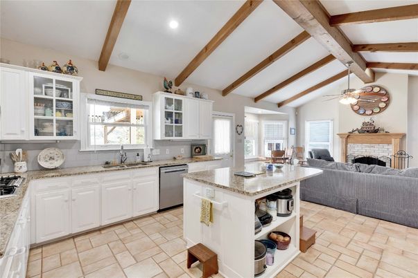 Fireplace, Interior, Kitchen, Living room, Recessed Lighting, Wooden Beams