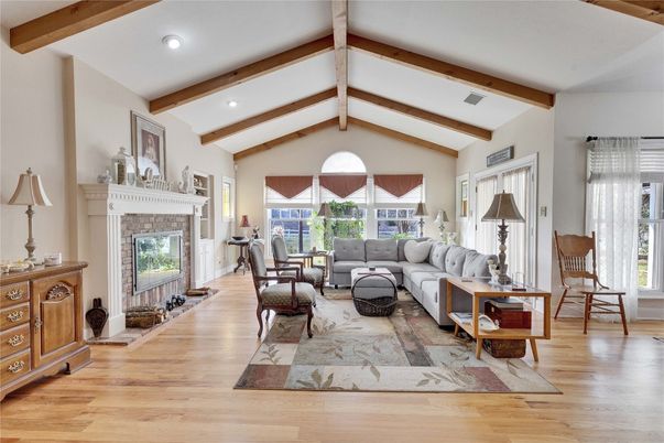 Fireplace, Interior, Living room, Recessed Lighting, Wooden Beams, Wood Texture Flooring