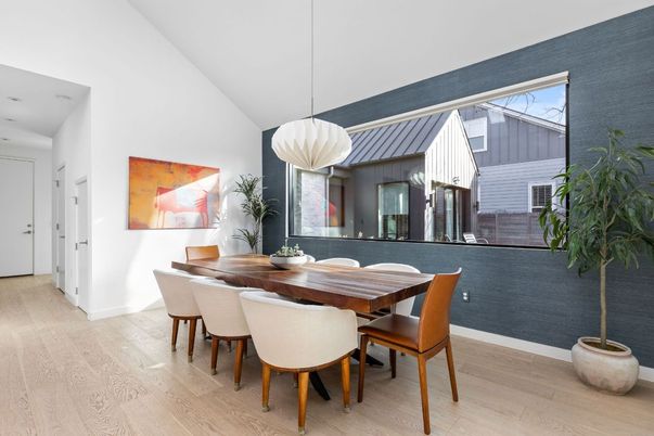 Dining room, Interior, Pendant Lights, Wood Texture Flooring