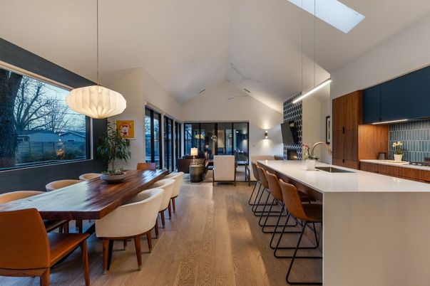 Dining room, Interior, Kitchen, Living room, Pendant Lights, Wood Texture Flooring