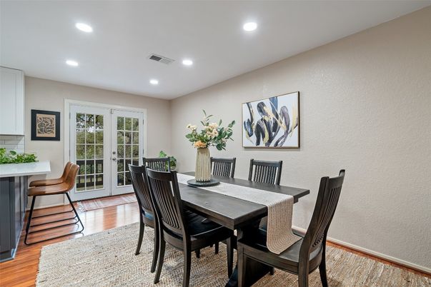 Dining room, Interior, Recessed Lighting, Wood Texture Flooring