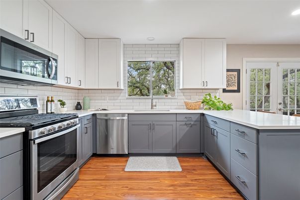Interior, Kitchen, Recessed Lighting, Stainless Steel Appliances, Wood Texture Flooring