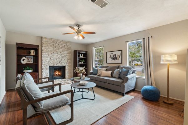 Fireplace, Interior, Living room, Stone Walls, Wood Texture Flooring