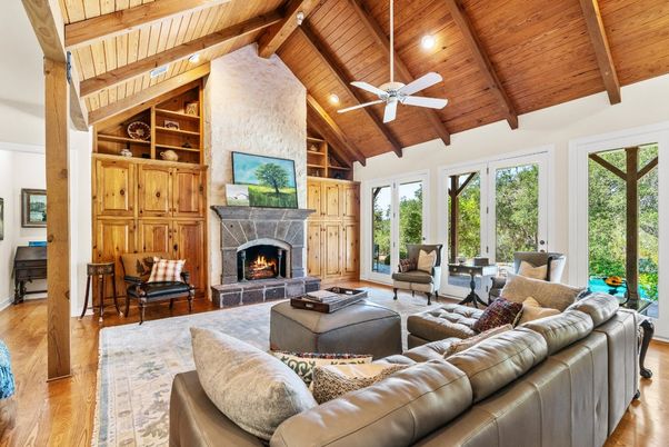 Fireplace, Interior, Living room, Recessed Lighting, Stone Walls, Wooden Beams, Wooden Ceilings, Wood Texture Flooring