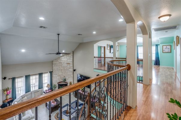 Fireplace, Interior, Recessed Lighting, Stone Walls, Wood Texture Flooring