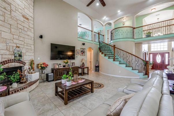 Fireplace, Interior, Living room, Recessed Lighting, Stone Walls