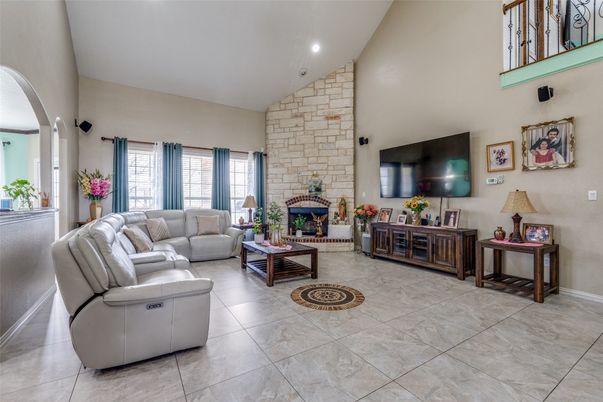 Fireplace, Interior, Living room, Recessed Lighting, Stone Walls