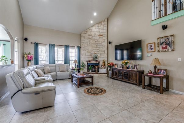 Fireplace, Interior, Living room, Recessed Lighting, Stone Walls