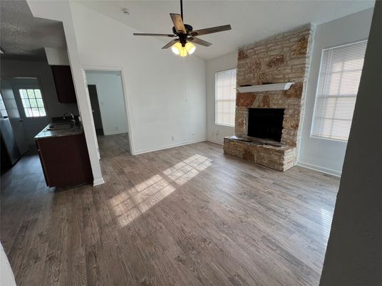 Empty room, Fireplace, Interior, Stone Walls, Wood Texture Flooring