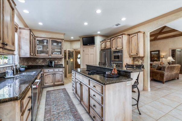 Interior, Kitchen, Living room, Recessed Lighting, Stainless Steel Appliances, Wooden Beams