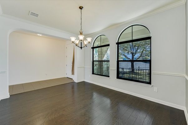 Chandelier, Empty room, Interior, Recessed Lighting, Wood Texture Flooring